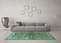 Machine Washable Persian Turquoise Traditional Area Rugs in a Living Room,, wshtr4348turq