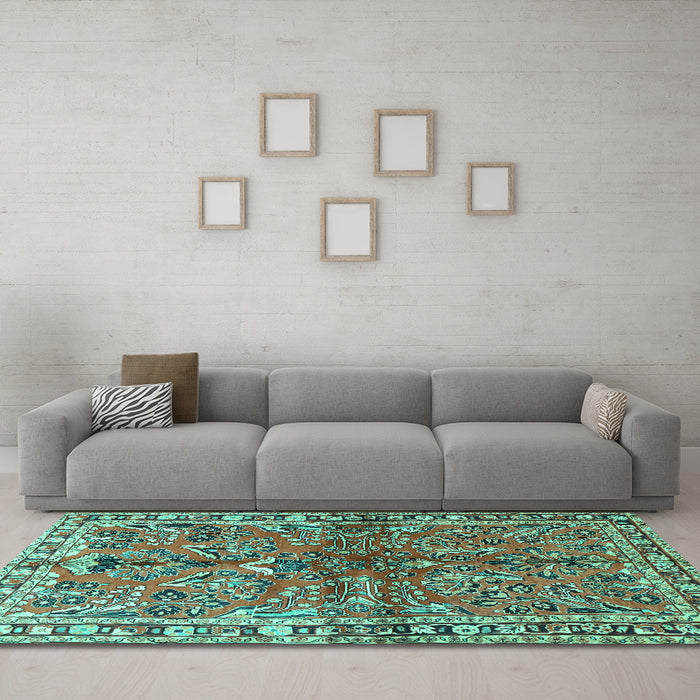 Machine Washable Persian Turquoise Traditional Area Rugs in a Living Room,, wshtr4348turq