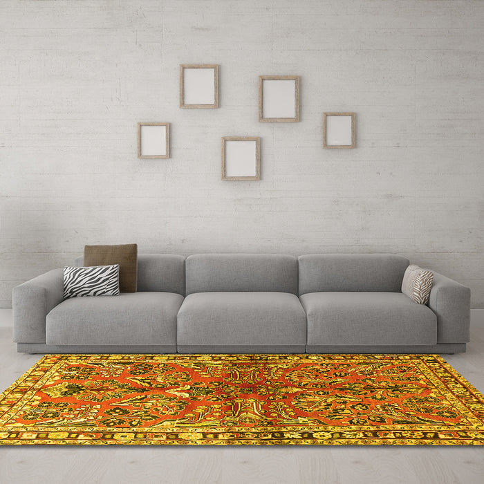 Machine Washable Persian Yellow Traditional Rug in a Living Room, wshtr4348yw