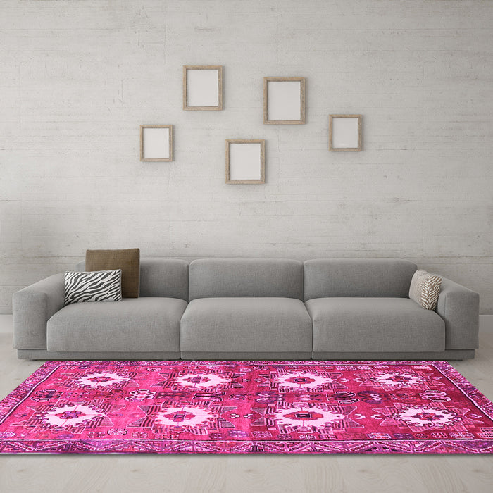 Machine Washable Persian Pink Traditional Rug in a Living Room, wshtr4349pnk