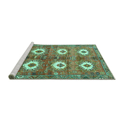 Sideview of Machine Washable Persian Turquoise Traditional Area Rugs, wshtr4349turq