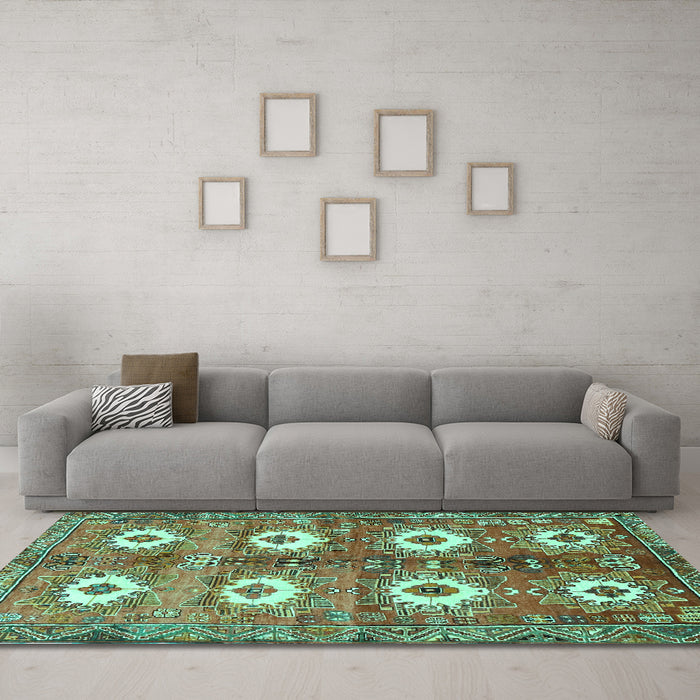 Machine Washable Persian Turquoise Traditional Area Rugs in a Living Room,, wshtr4349turq