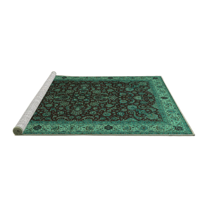 Sideview of Machine Washable Persian Turquoise Traditional Area Rugs, wshtr434turq