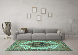 Machine Washable Persian Turquoise Traditional Area Rugs in a Living Room,, wshtr4350turq