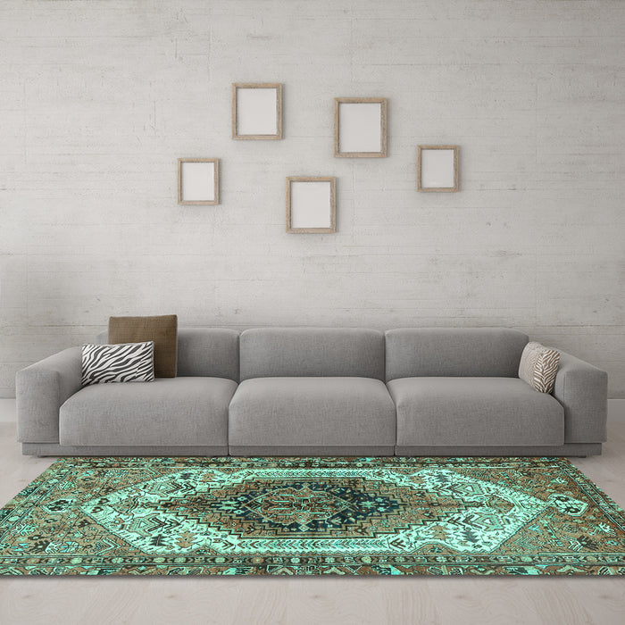 Machine Washable Persian Turquoise Traditional Area Rugs in a Living Room,, wshtr4350turq