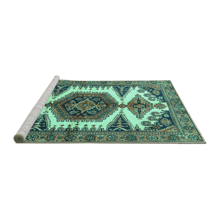 Sideview of Machine Washable Persian Turquoise Traditional Area Rugs, wshtr4351turq