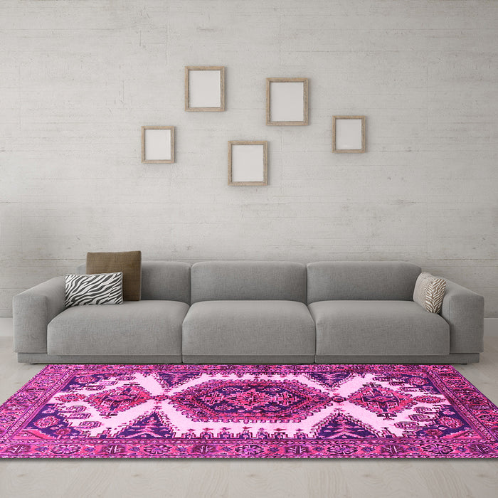 Machine Washable Persian Pink Traditional Rug in a Living Room, wshtr4351pnk