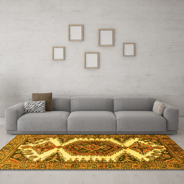 Machine Washable Persian Yellow Traditional Rug in a Living Room, wshtr4351yw