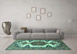 Machine Washable Persian Turquoise Traditional Area Rugs in a Living Room,, wshtr4351turq