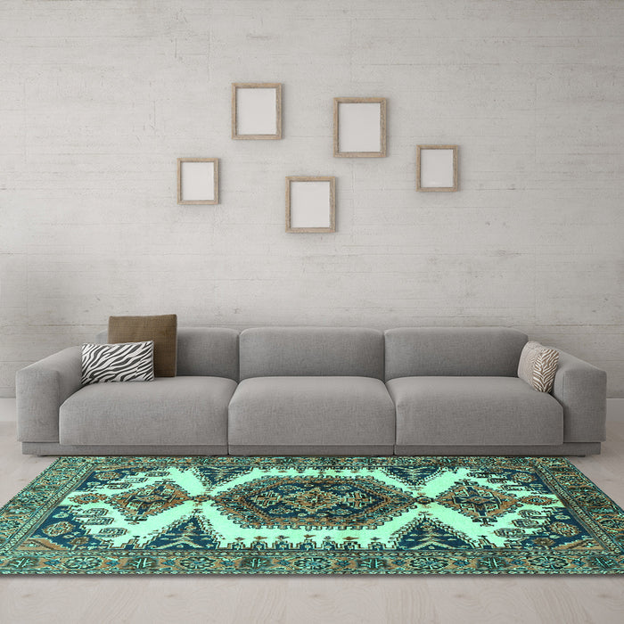 Machine Washable Persian Turquoise Traditional Area Rugs in a Living Room,, wshtr4351turq