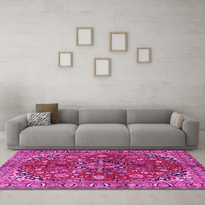 Machine Washable Medallion Pink Traditional Rug in a Living Room, wshtr4352pnk