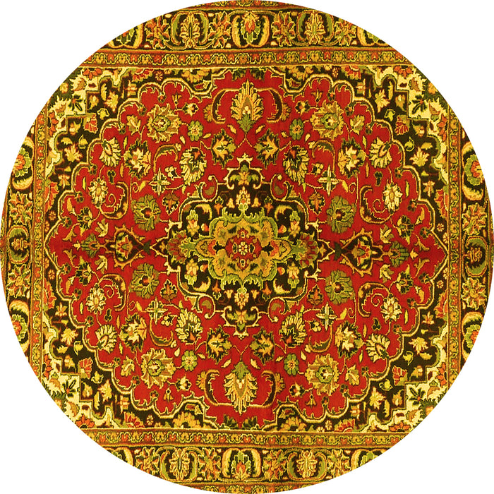 Round Machine Washable Medallion Yellow Traditional Rug, wshtr4352yw