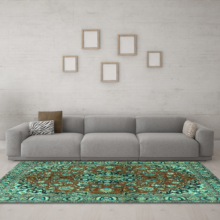 Machine Washable Medallion Turquoise Traditional Area Rugs in a Living Room,, wshtr4352turq