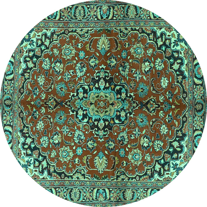 Round Machine Washable Medallion Turquoise Traditional Area Rugs, wshtr4352turq