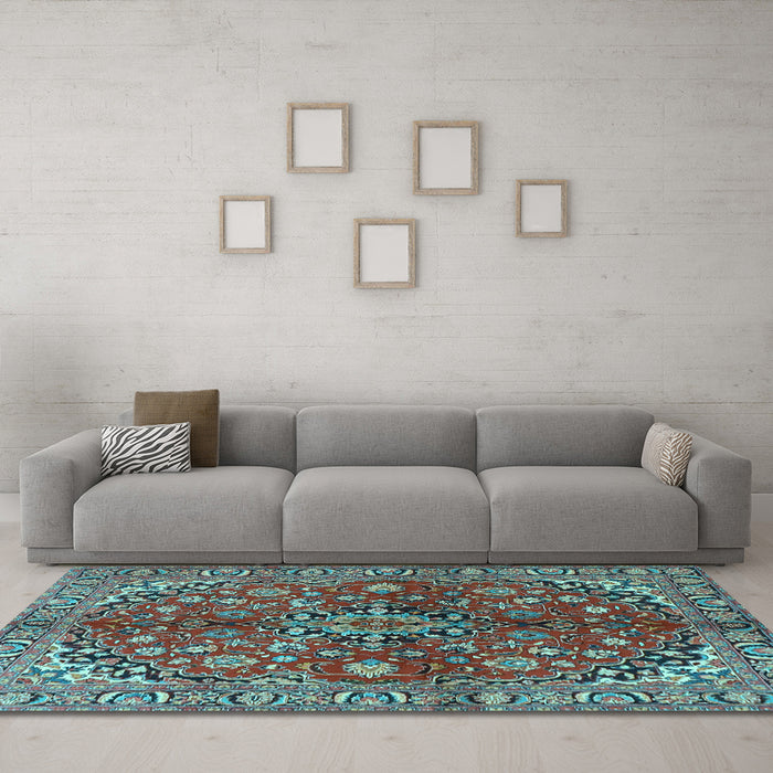 Machine Washable Medallion Light Blue Traditional Rug in a Living Room, wshtr4352lblu