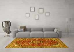 Machine Washable Medallion Yellow Traditional Rug in a Living Room, wshtr4352yw