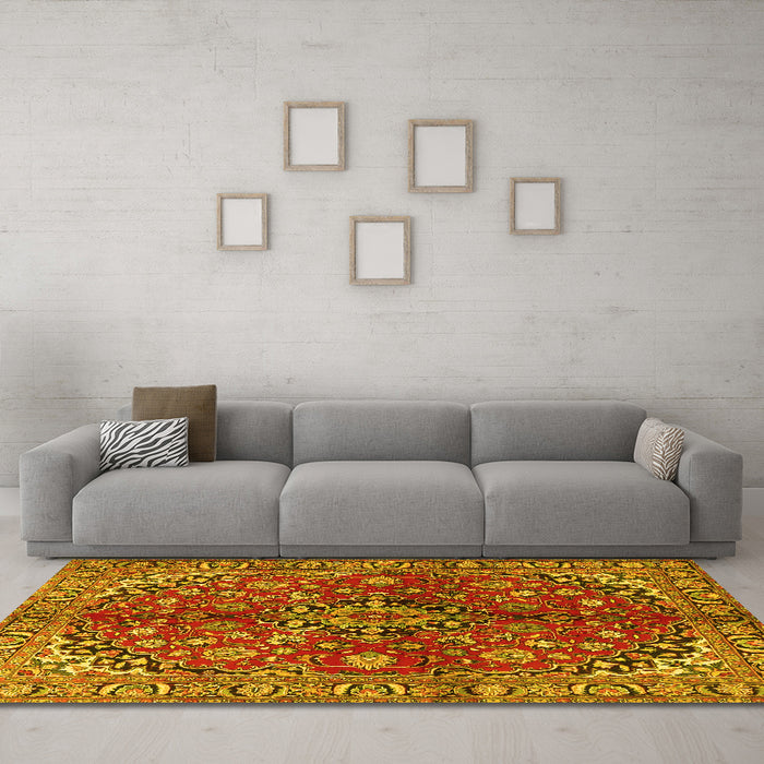 Machine Washable Medallion Yellow Traditional Rug in a Living Room, wshtr4352yw