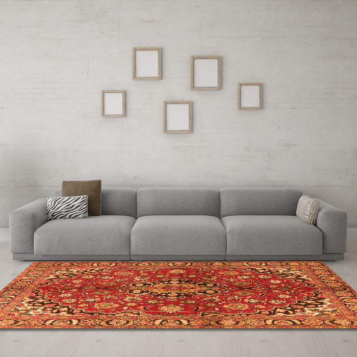 Machine Washable Medallion Orange Traditional Area Rugs in a Living Room, wshtr4352org