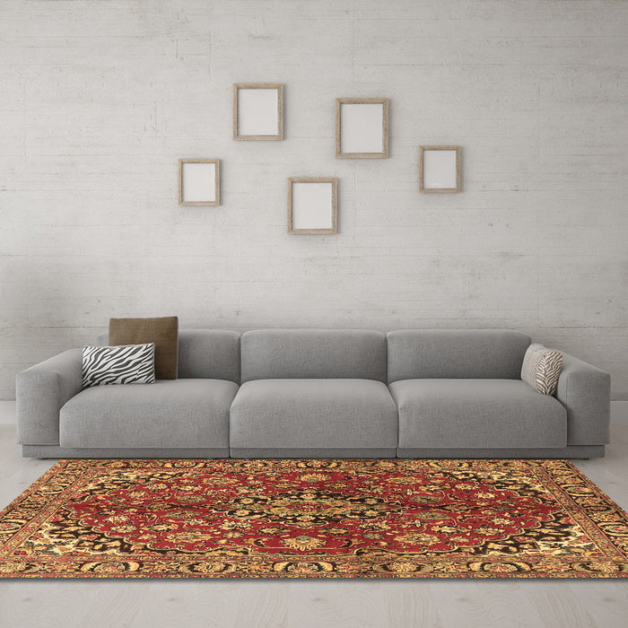 Machine Washable Medallion Brown Traditional Rug in a Living Room,, wshtr4352brn