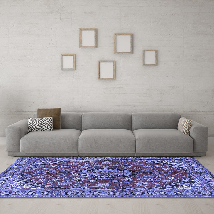 Machine Washable Medallion Blue Traditional Rug in a Living Room, wshtr4352blu