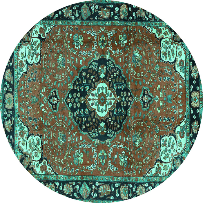 Round Machine Washable Medallion Turquoise Traditional Area Rugs, wshtr4353turq