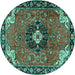 Round Machine Washable Medallion Turquoise Traditional Area Rugs, wshtr4353turq