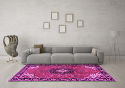 Machine Washable Medallion Pink Traditional Rug in a Living Room, wshtr4353pnk