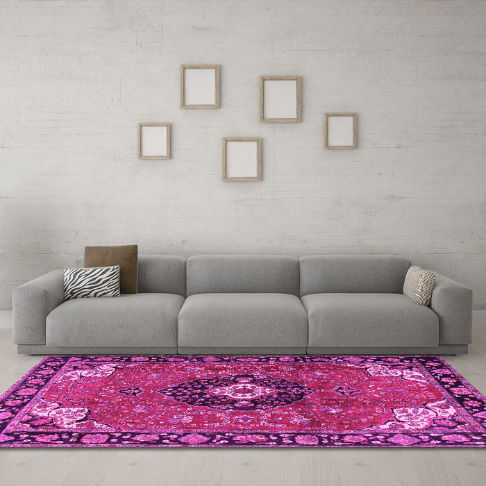 Machine Washable Medallion Pink Traditional Rug in a Living Room, wshtr4353pnk