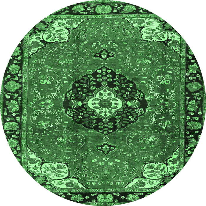 Round Machine Washable Medallion Emerald Green Traditional Area Rugs, wshtr4353emgrn