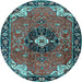 Round Machine Washable Medallion Light Blue Traditional Rug, wshtr4353lblu