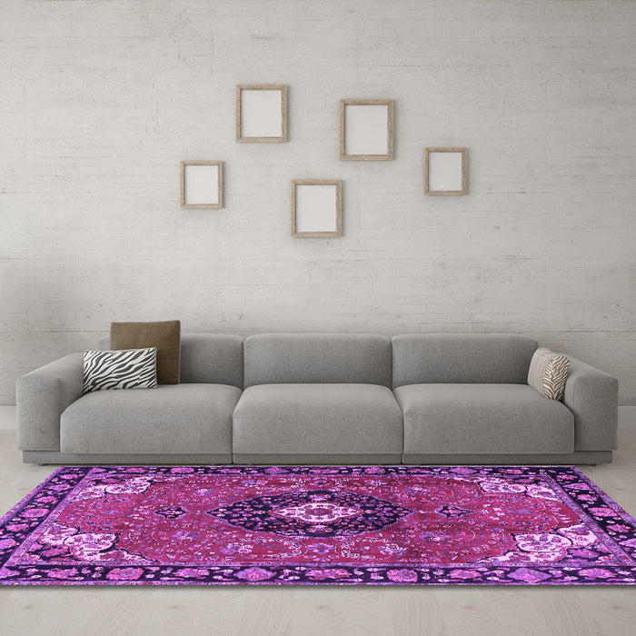 Machine Washable Medallion Purple Traditional Area Rugs in a Living Room, wshtr4353pur