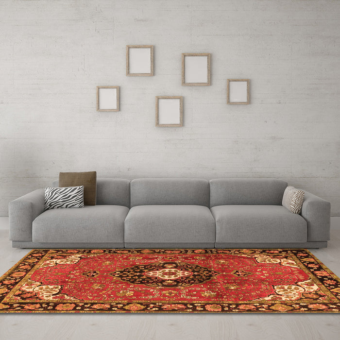 Machine Washable Medallion Orange Traditional Area Rugs in a Living Room, wshtr4353org
