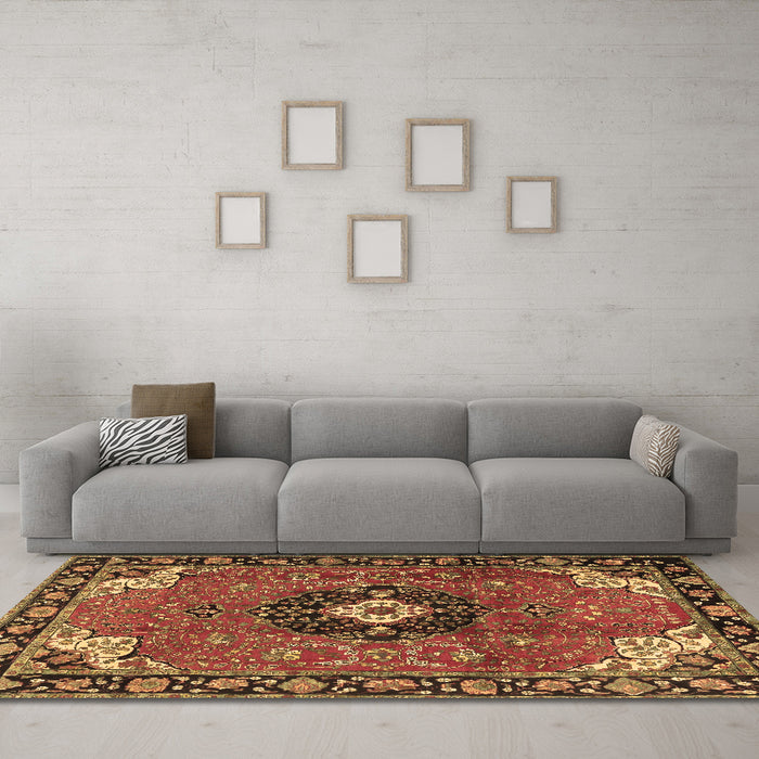 Machine Washable Medallion Brown Traditional Rug in a Living Room,, wshtr4353brn