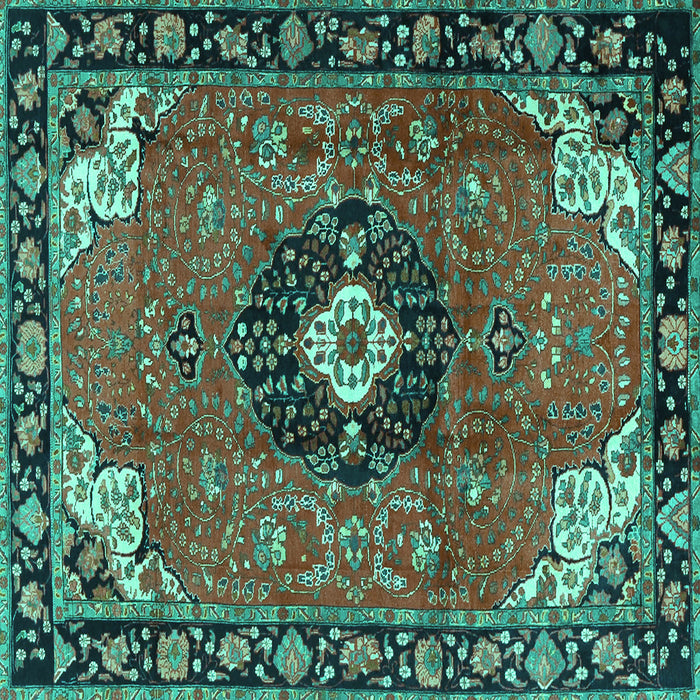 Square Machine Washable Medallion Turquoise Traditional Area Rugs, wshtr4353turq