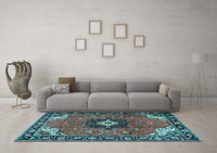 Machine Washable Medallion Light Blue Traditional Rug, wshtr4353lblu