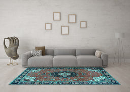 Machine Washable Medallion Light Blue Traditional Rug in a Living Room, wshtr4353lblu