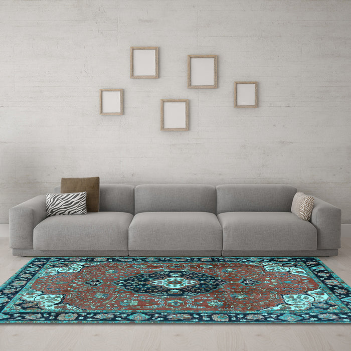 Machine Washable Medallion Light Blue Traditional Rug in a Living Room, wshtr4353lblu