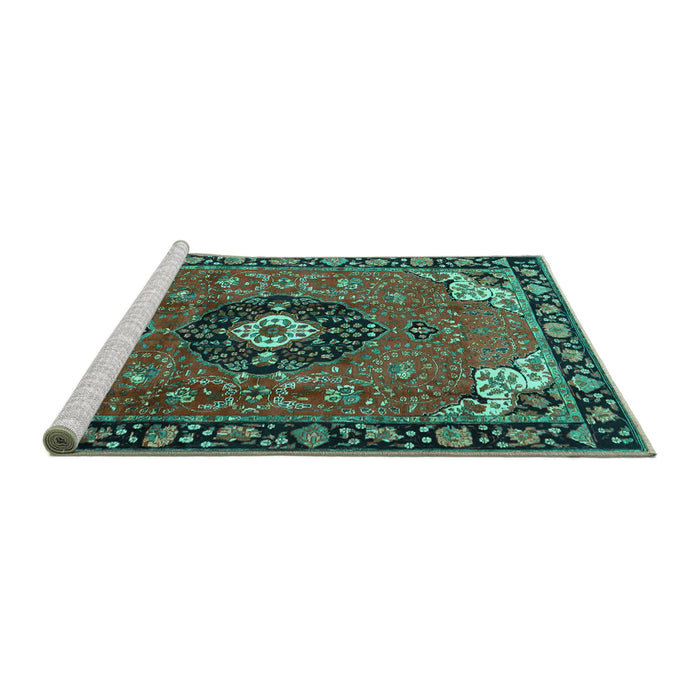 Sideview of Machine Washable Medallion Turquoise Traditional Area Rugs, wshtr4353turq