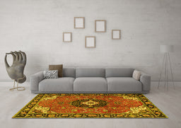 Machine Washable Medallion Yellow Traditional Rug in a Living Room, wshtr4353yw