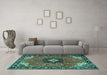 Machine Washable Medallion Turquoise Traditional Area Rugs in a Living Room,, wshtr4353turq