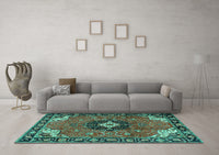 Machine Washable Medallion Turquoise Traditional Rug, wshtr4353turq