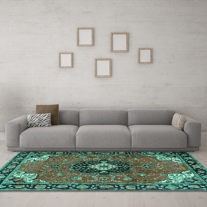 Machine Washable Medallion Turquoise Traditional Area Rugs in a Living Room,, wshtr4353turq