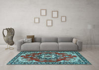 Machine Washable Medallion Light Blue Traditional Rug, wshtr4354lblu