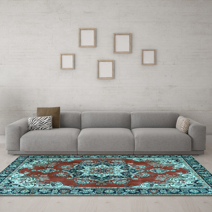 Machine Washable Medallion Light Blue Traditional Rug in a Living Room, wshtr4354lblu