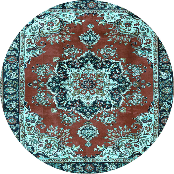 Round Machine Washable Medallion Light Blue Traditional Rug, wshtr4354lblu