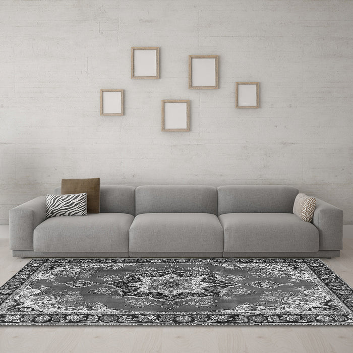 Machine Washable Medallion Gray Traditional Rug in a Living Room,, wshtr4354gry