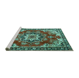 Sideview of Machine Washable Medallion Turquoise Traditional Area Rugs, wshtr4354turq