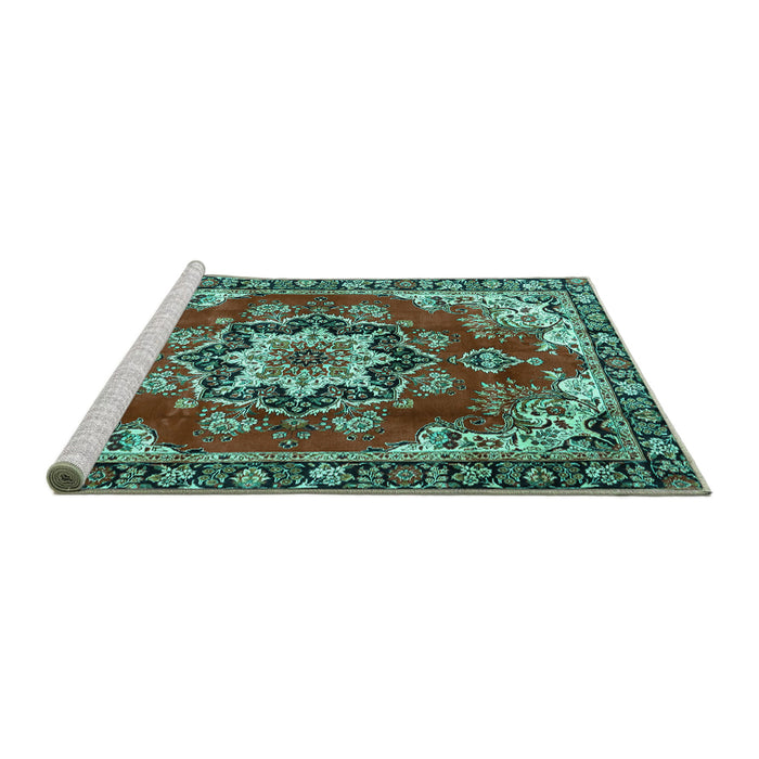 Sideview of Machine Washable Medallion Turquoise Traditional Area Rugs, wshtr4354turq