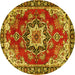 Round Machine Washable Medallion Yellow Traditional Rug, wshtr4354yw