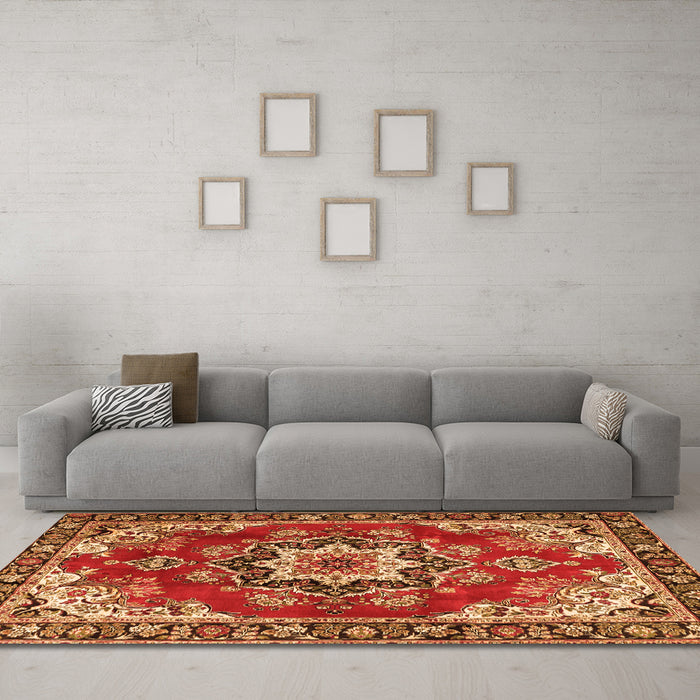 Machine Washable Medallion Orange Traditional Area Rugs in a Living Room, wshtr4354org